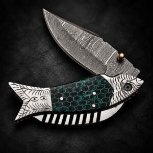 Damascus Steel Pocket Knife with ornate fish-shaped folding design