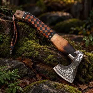 Viking Axe 18 Inch with wooden handle and ornate engraved head