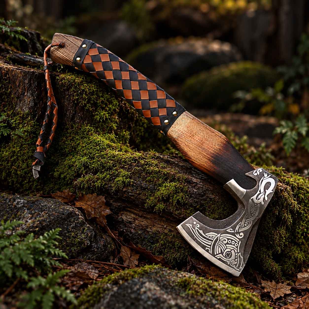 Viking Axe 18 Inch with wooden handle and ornate engraved head