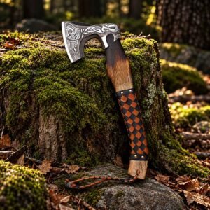 Viking Axe 18 Inch with engraved Norse design and decorative wooden handle