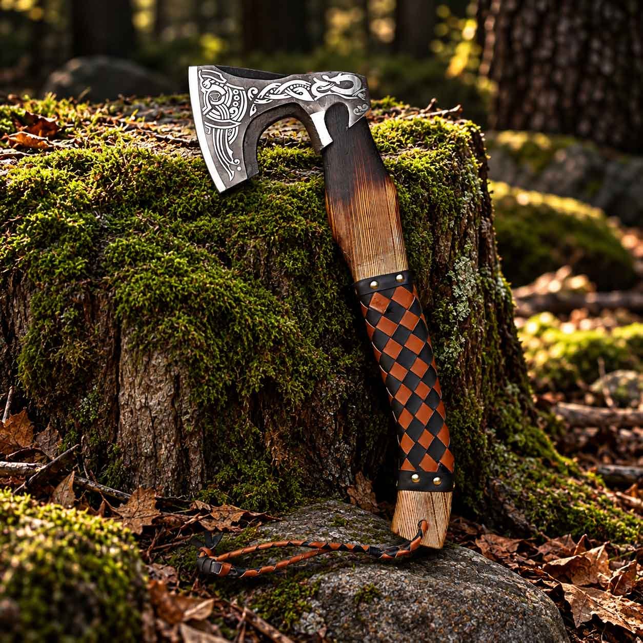 Viking Axe 18 Inch with engraved Norse design and decorative wooden handle