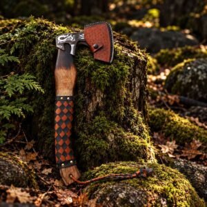 Viking Axe 18 Inch with engraved head, wooden handle and leather sheath
