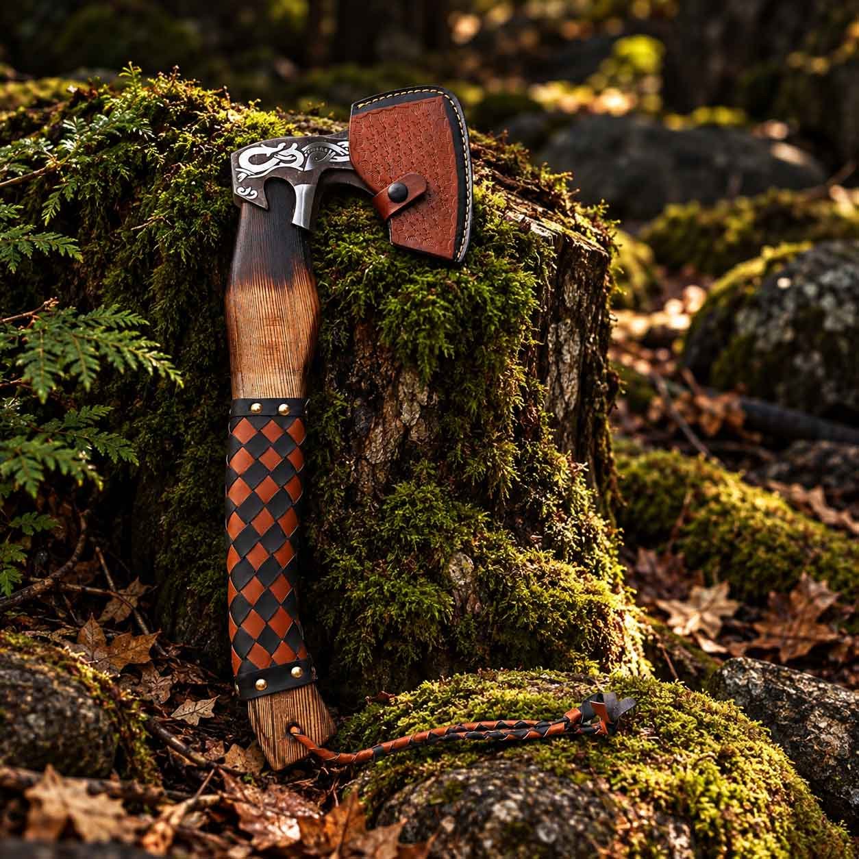 Viking Axe 18 Inch with engraved head, wooden handle and leather sheath
