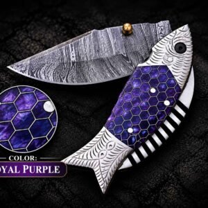 Damascus Steel Pocket Knife with royal purple fish-shaped handle