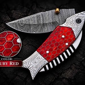 Damascus Steel Pocket Knife with ruby red fish-shaped handle