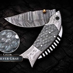 Damascus Steel Pocket Knife with silver gray fish-shaped handle