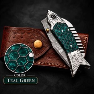 Damascus Steel Pocket Knife with teal green fish-shaped handle and leather sheath